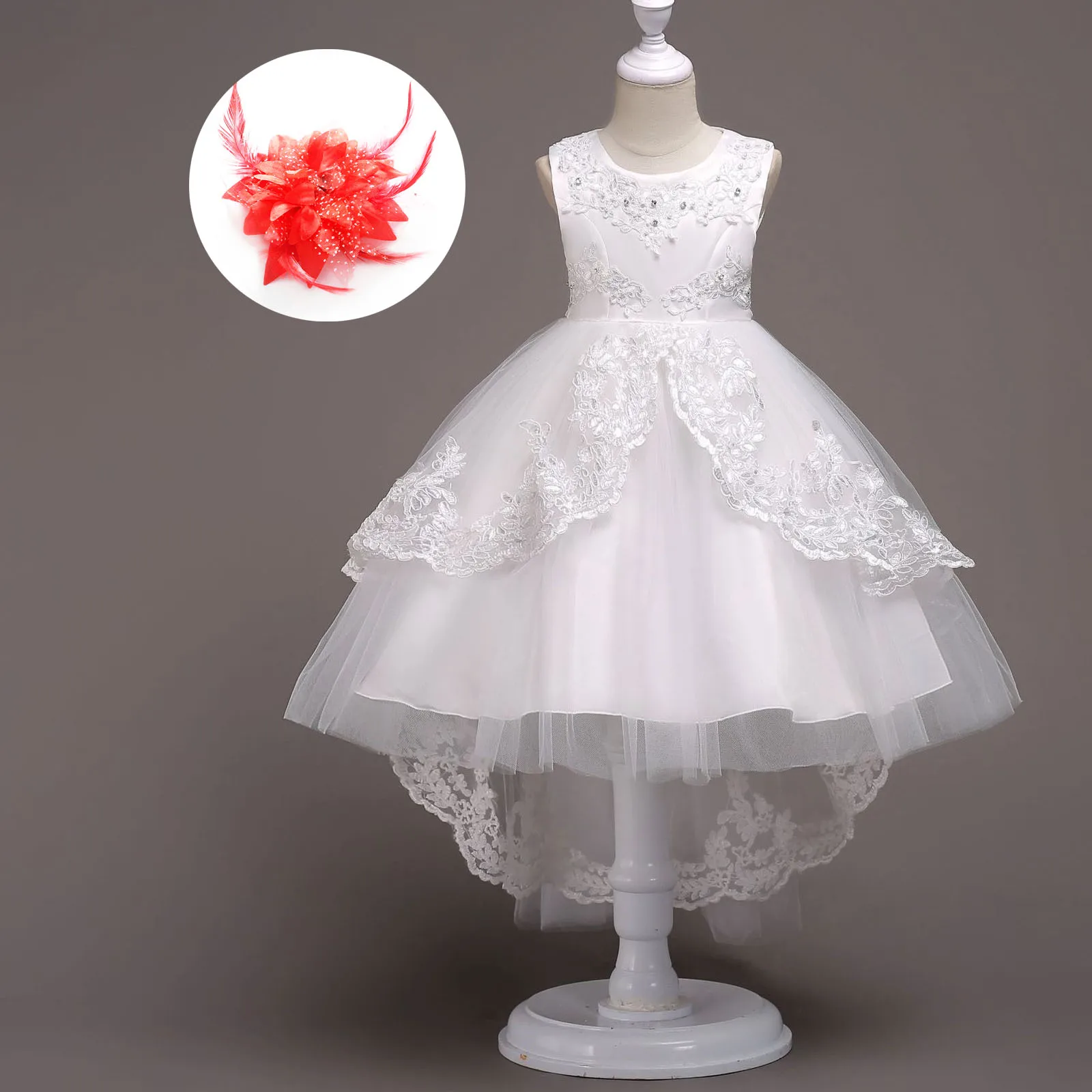 

Beaded Lace Children Masquerade Party Wear Designs Elegant Little Girls Wedding Dress for Girl Kids White Red Pink Pageant Gown