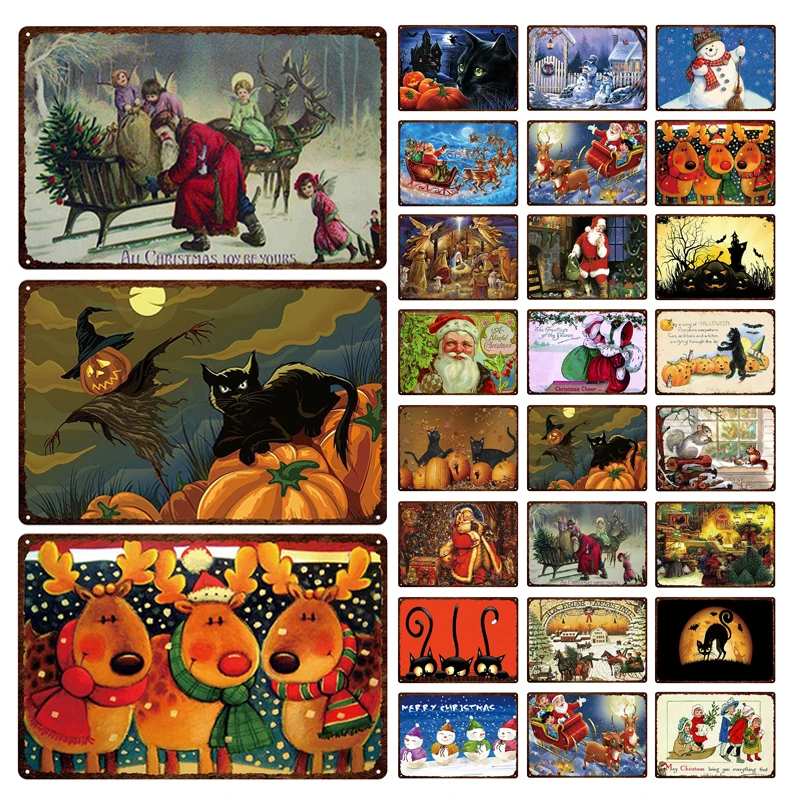

Customizable Christmas Halloween Pumpkin Santa Claus & Elk Holiday Retro Anti-fading Decoration Plaque Tin Paint Metal Tin Sign
