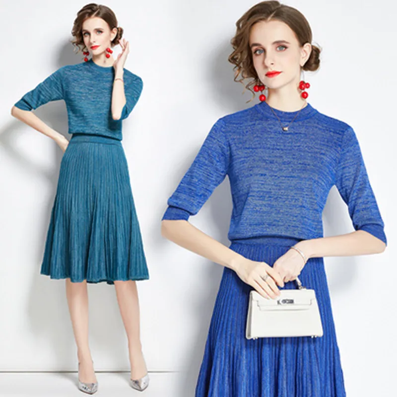 

New Arrival Luxuriy Knit Sweater Sets Simplicity Half Sleeve Pullover + High Waist A-line Skirt Two-piece Set Female Autumn 2020