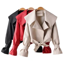 Aliexpress - Spring Autumn Faux Soft Leather Short Jacket Turndown Collar Women Bow Belt Loose Coat Patchwork Bowknot Motorcycle Outwear 2021