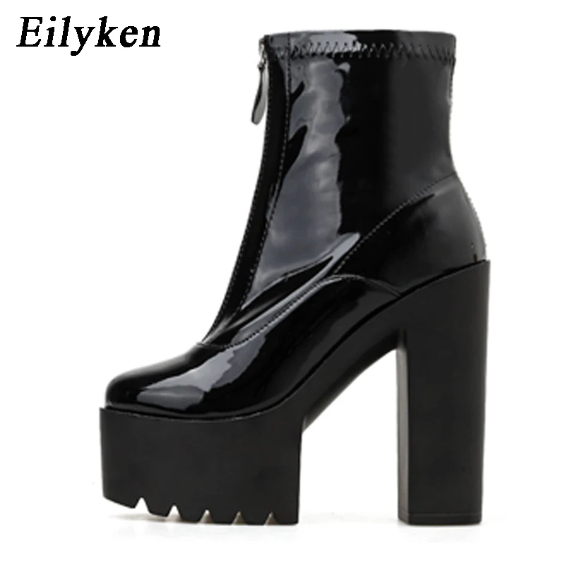 Eilyken; Новинка года; осенние женские ботильоны на платформе; модные вечерние туфли на высоком каблуке с круглым носком на молнии; пикантная женская обувь для ночного клуба; размеры 34-39 - Цвет: Black