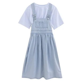 

New Teen Girls Summer Clothes Set Kids Girls Casual T-shirt and Denim Suspender Skirt Set Fashion Children Two Piece Set, #8786