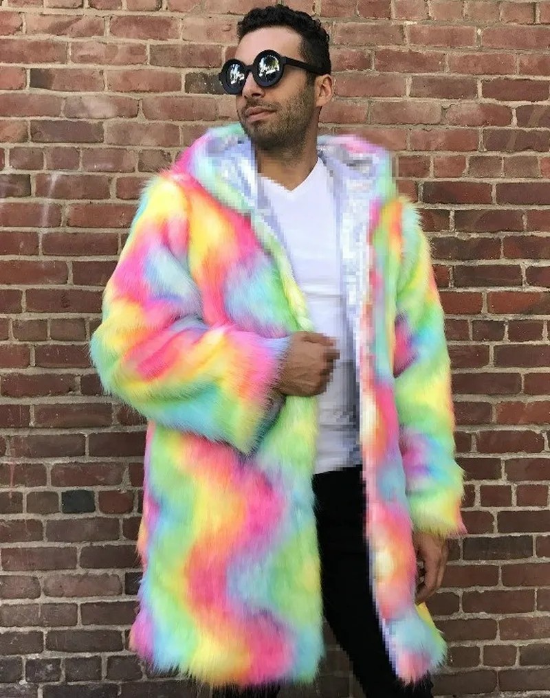 2019 Nieuwe Mode Mannen Vrouwen Bontjas Lange Parka Vossenbont Outdoor Casual Bont Jacket Rainbow Kleurrijke Faux Fur Overjas uitloper