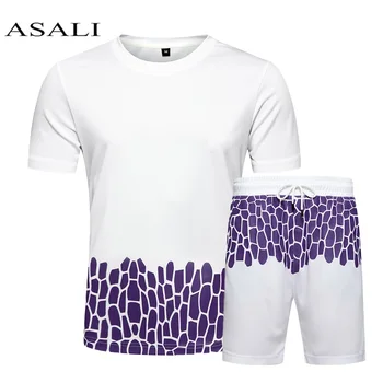 

2020 Men Casual Set Fashion Summer Two Piece Sweat Suit Striped Short Sleeve Shorts Male Sportswear Summer Sportsuit Tops+Pants