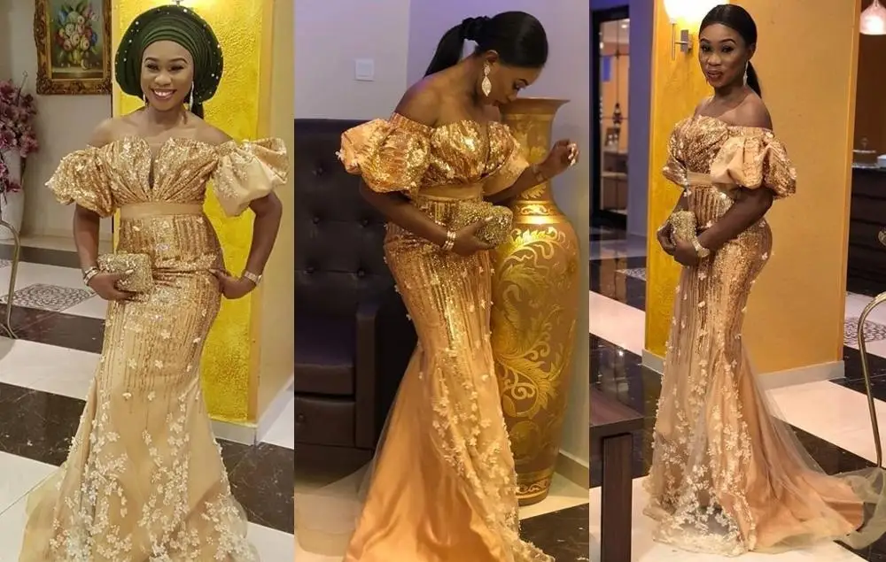 Aso Ebi Evening Dresses robe de soiree abiye Custom Made Floral Tulle Gold Evening Gowns Mermaid Off Shoulder abendkleider