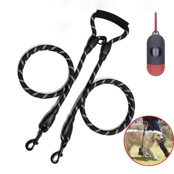 

Reflective Two Large dog Leash 1 leash for 2 Dogs Double big Dog traction rope soft Foam handle dog lead with Poop Bag Dispenser