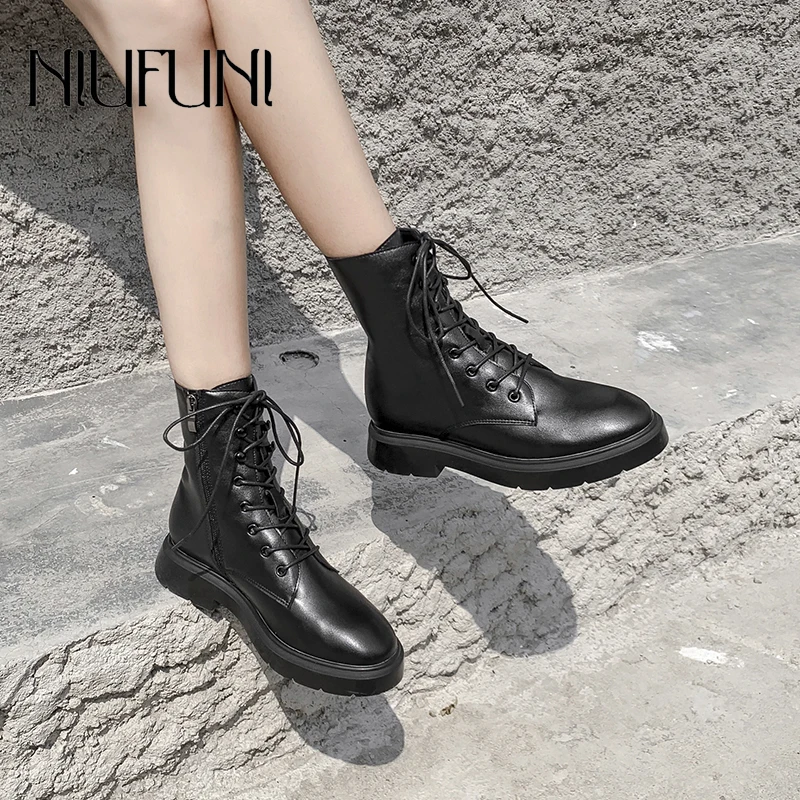 

Women's Ankle Strap Boots NIUFUNI Zipper Fashion Platform Low Heel Black Martin Boot 2020 Warm Slim Woman Shoes Lady Footwear
