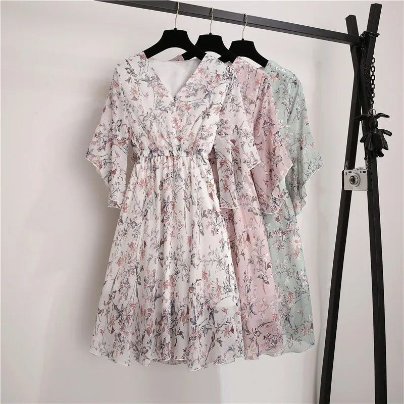 

2019 New Summe Fashion Floral Print Chiffon Dress V-Neck Short Flare Sleeves Women Office Lady Slim Elegant Dress With Lining