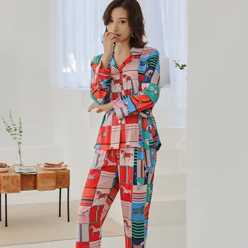 

Women's Satin Pyjamas Women Silk Long-sleeved Trousers Printed Loose Can Be Worn Outside Fashionable 2 Pcs Set Pajama Pants