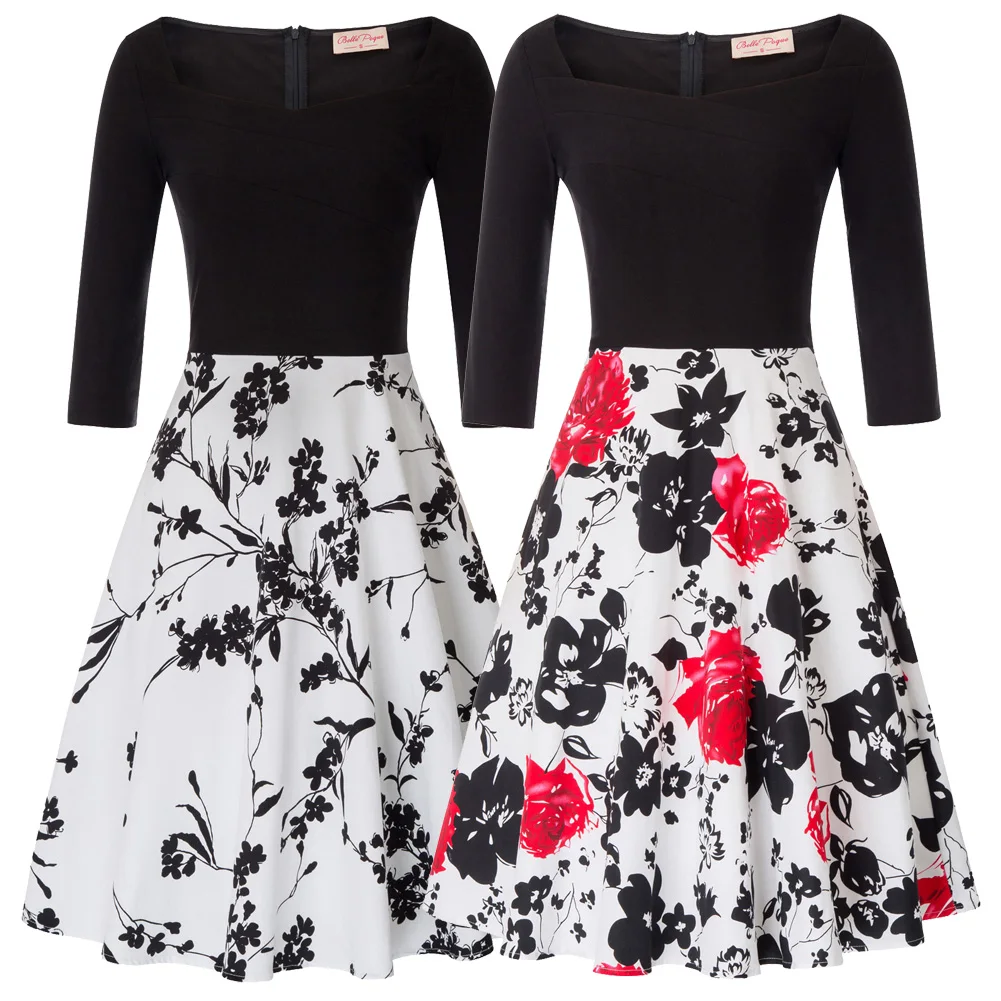 Women's dress summer fall fashion pleated swing Floral Patchwork Dress 3/4 Sleeve Square Neck Vintage A-Line knee-length dresses