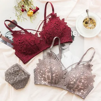 

Roseheart New Women Fashion Sexy Lingerie Lace Cross Straps Bralette Cotton Panties Wireless Wire Free Underwear Bra Sets