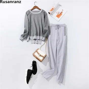 

2019 Women's Sweater Suits Sets O-neck Long Sleeve Knitted Sweaters+Pockets Long Trousers 2PCS Sets Winter Housewear
