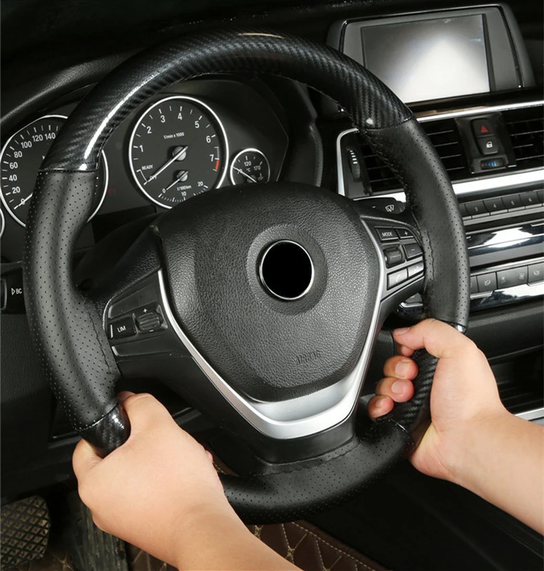 

Универсальный чехол рулевого колеса автомобиля отделка черный углеродное волокно и кожа DIY шитье