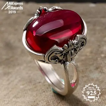 

S925 Fine Antique shop Ruby Oval bezel Rings Women Handmade Vintage Natural Carnelian Retro Ruby red jasper