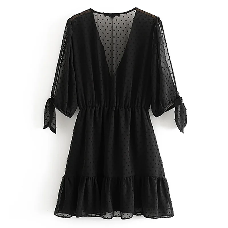 Летнее сексуальное Сетчатое платье с глубоким v-образным вырезом, прозрачные женские повседневные Черные платья с рукавом три четверти, Vestidos FFZYQ404