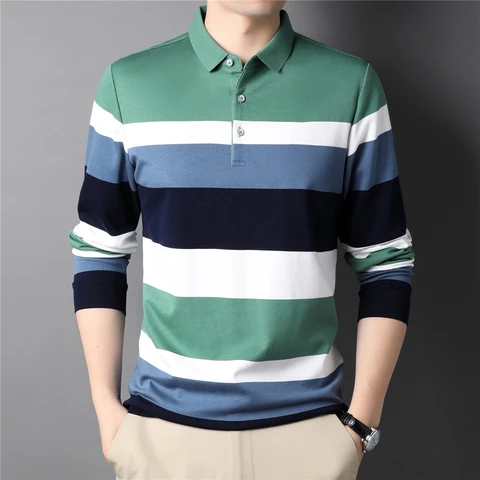 Striped Polo Shirt Business Fashion Straight Lapels Long Sleeve Polo Shirt Tops Male Brand Clothes