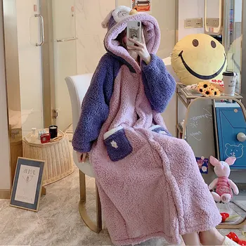 

Purple Kimono Robe Homewear Intimate Lingerie Women Flannel AUTUMN New Coral Fleece Hooeded Nightwear Lovely Casual Nightgown