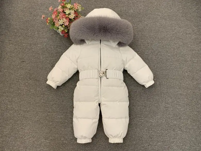 Luxury Large Real Fur Collar Infant Baby Snowsuit Thick Warm Down Rompers Hooded Toddler Boys Girls Jumpsuit One-pieces Ski Suit - Цвет: Белый