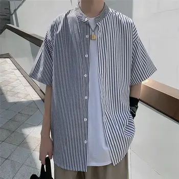 

2020 New Summer Stand Collar Men's Striped Contrast Color Stitching Korean Version Of Loose Large Size Casual Short-sleevedshirt