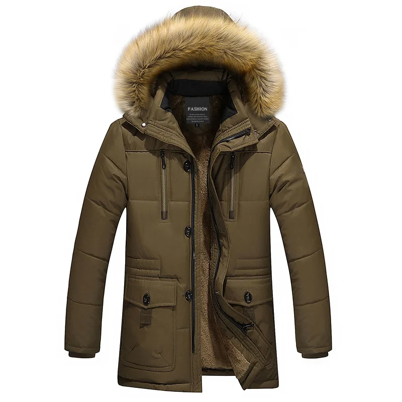AKSR мужская зимняя куртка, пальто из плотного флиса, теплое зимнее пальто для мужчин с меховым капюшоном и воротником, большой размер, парка, ветровка Casaco Masculino - Цвет: coffee