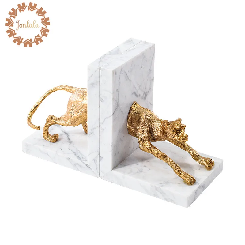 Elegant Abstract Golden Copper Marble Leopard Bookend Decoration