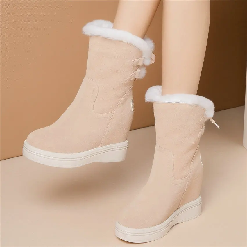 Punk Goth Trainers Women Cow Leather Wedges High Heel Snow Boots Rabbit Fur Platform Pumps High Top Winter Warm Fashion Sneakers