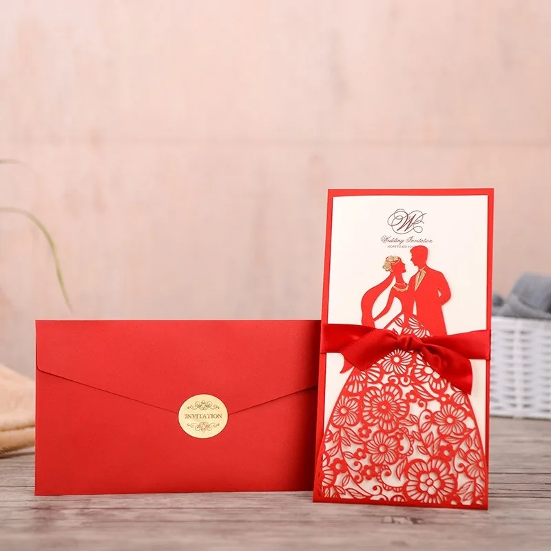  50Sets Laser Cut Wedding Invitations Card Bride and Groom Greeting Card with Ribbon Engagement Wedd - 4.00026E+12