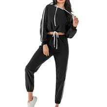 Женский однотонный спортивный костюм, женский комплект, топ, брюки, 2 шт., женский длинный рукав, с капюшоном, в полоску, с принтом, Короткая Толстовка, брюки, брюки, наборы#3