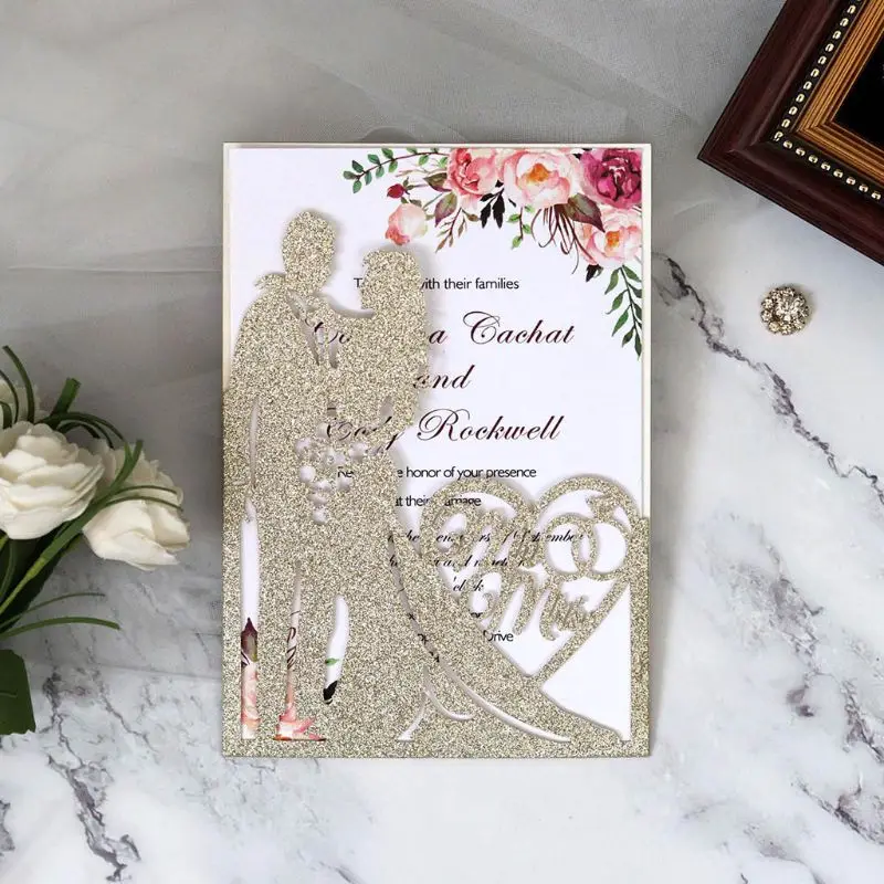  10pcs/set Glitter Laser Cut Mr & Mrs Wedding Invitations Card Party Supplies - 4.00026E+12