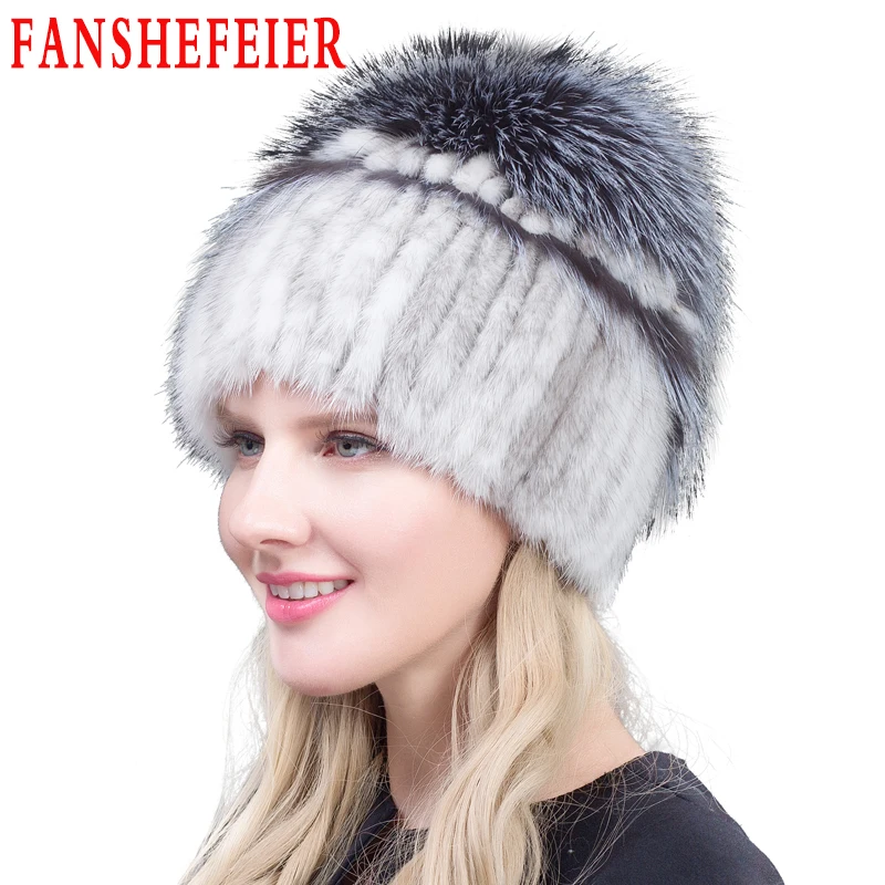 FANSHEFEIER женская меховая шапка зимняя из натуральной норки меховые шапочки с серебристым лисьим мехом помпоны Топ шапочки горячая Распродажа Россия меховая шапка