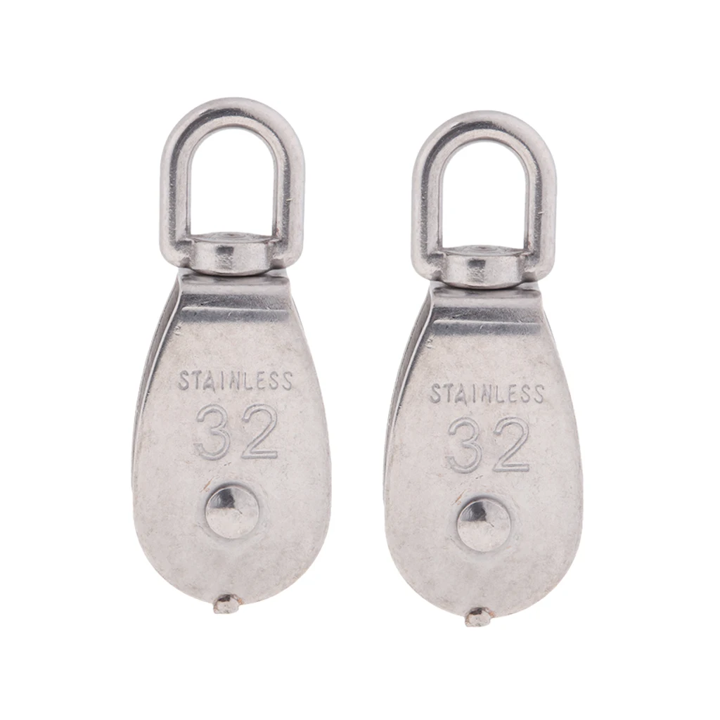 2Pcs 304 Stainless Steel Single Swivel Pulley Block with Swivel Eye M32