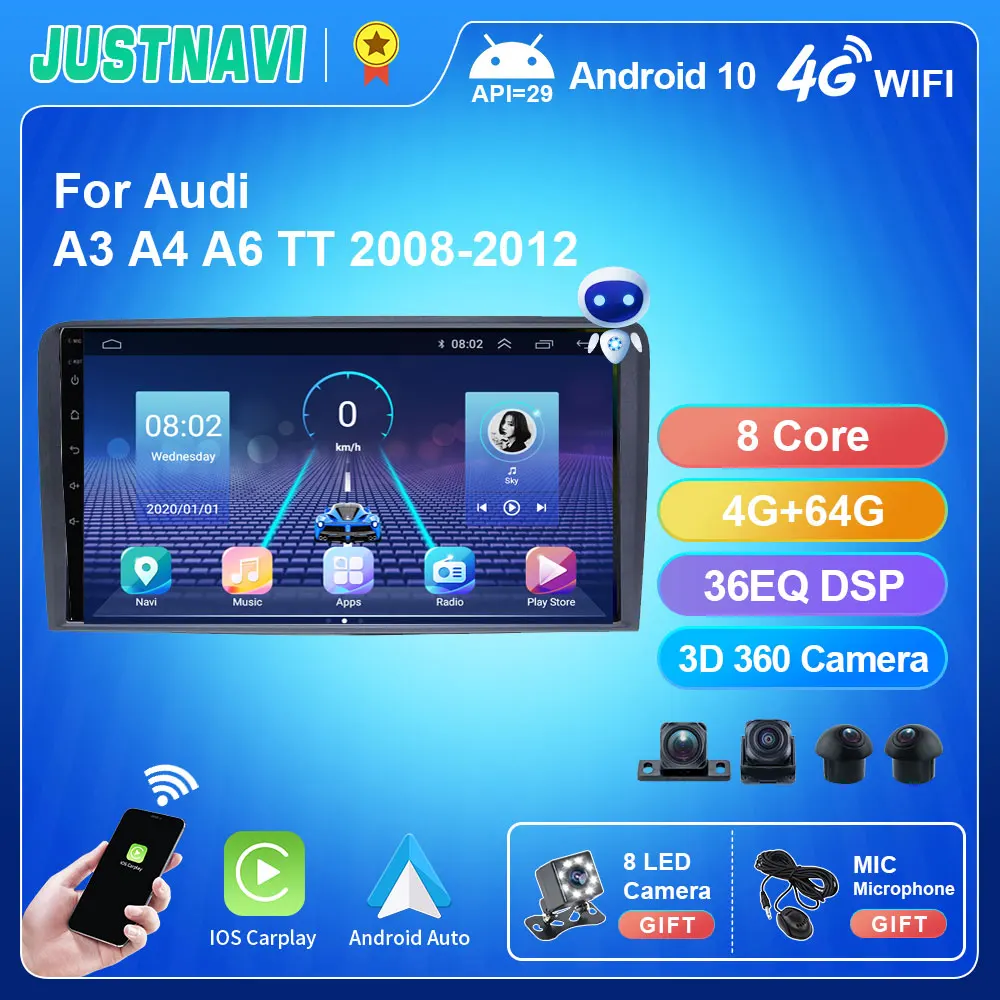 

4G 64G GPS RDS Car Radio For Audi A3 A4 A6 TT 2008 - 2012 Video Player Android 10.0 DSP 2 din 4G WIFI undefined 1280*720P No DVD