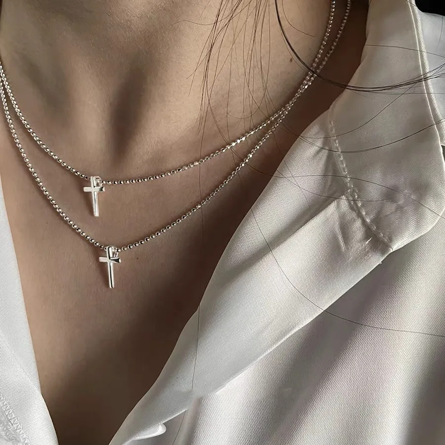 Sparkling Cross Pendant Bead Chain Necklace Female Choker Online Celebrity Clavicle Chain Simple Ins Necklace for Women