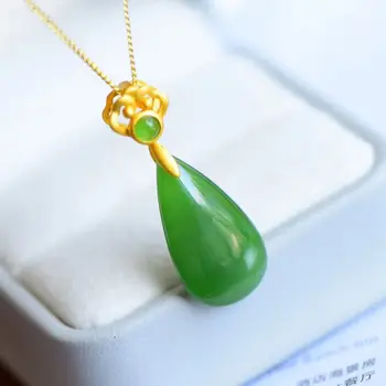 

New silver inlaid natural Hetian Jasper Pendant Necklace Chinese style retro water drop elegant charm women's jewelry