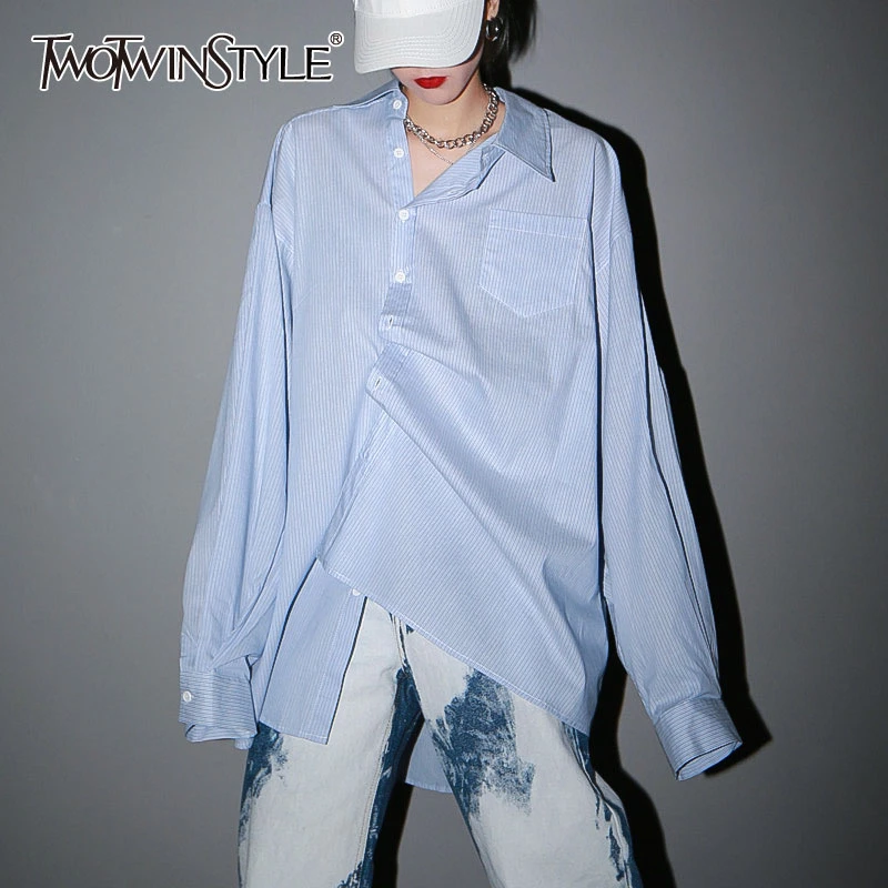 TWOTWINSTYLE Casual Striped Women Blouse Lapel Collar Lantern Long Sleeve Loose Asymmertical Female Fashion Clothing Tide | Женская