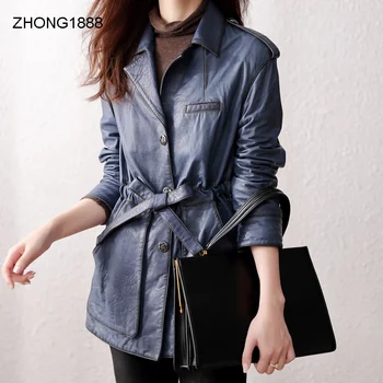 

sheepskin Women's Mid-length slim-fit trench coat, old waist-tight leather jacket