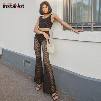 

InstaHot Black Mesh Flare Pants Ladies Lace Floral Transparent Trousers Women Elastic Waist Sexy Party Club Capri Summer Pants