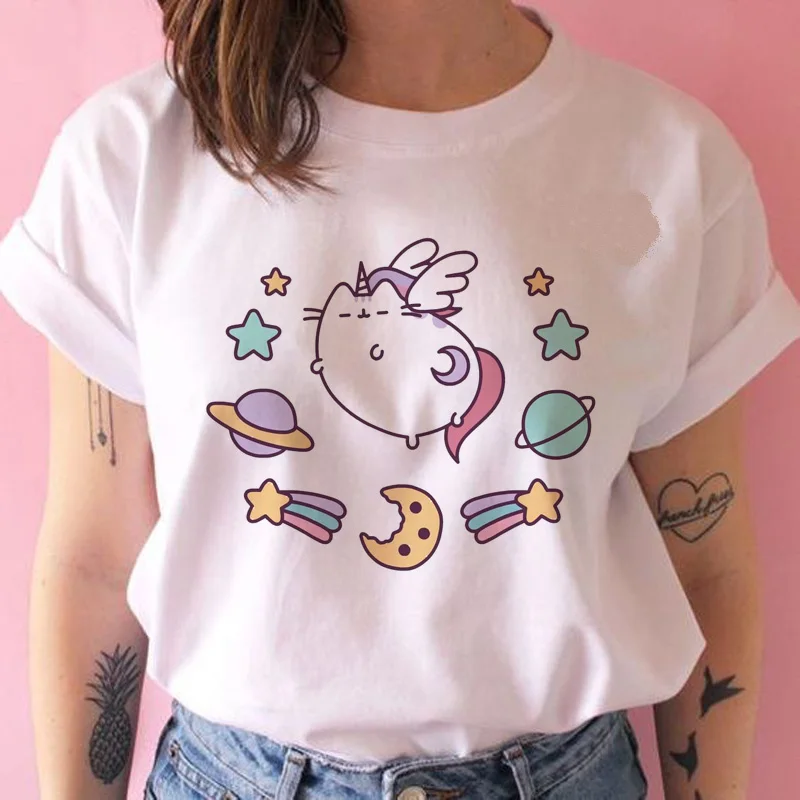 Женская футболка pusheen THE cat, kawaii, забавная женская футболка 90 s, мультяшная, harajuku, графическая, Корейская, ulzzang, топы, футболка, женская футболка
