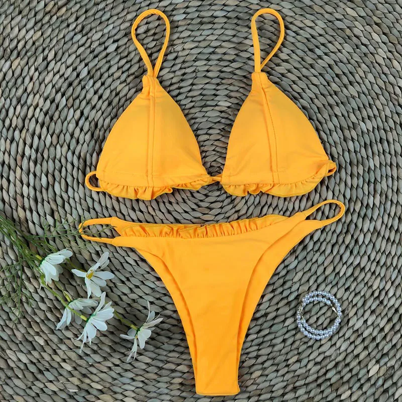 

INGAGA Solid Bikinis Sexy Swimsuits Ruffle Swimwear Women Push Up Bathing Suits 2020 New Thong Biquini Yellow Strap Beachwear