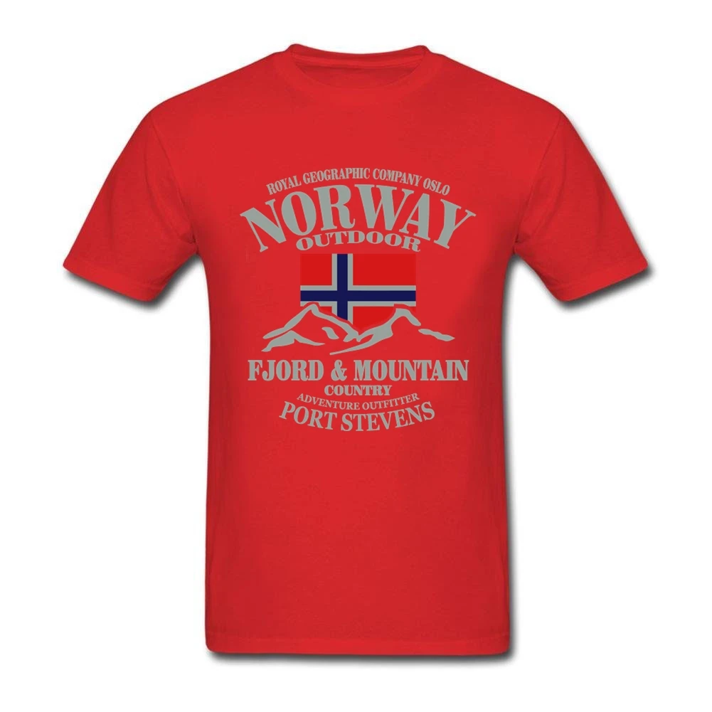 Летний флаг Норвегии Fjord горный футболка сумасшедшая Мужская рубашка хлопок Crewneck Плюс Размер короткий рукав Забавные футболки - Цвет: Красный