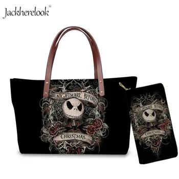 

2Pcs Nightmare Before Christmas Shoulder/Messenger Bag & Wallet Lady Large Capacity Handbag Skull Jack Printed Top-Handle Bags