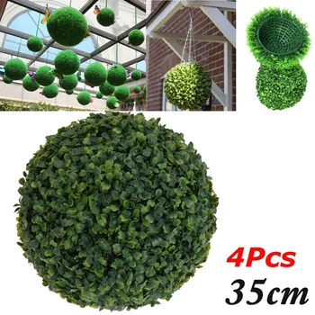 

4 PCS 35cm Plastic Topiary Ball Tree Leaf Effect Ball Hanging Home Garden Decor Faux Boxwood Plant