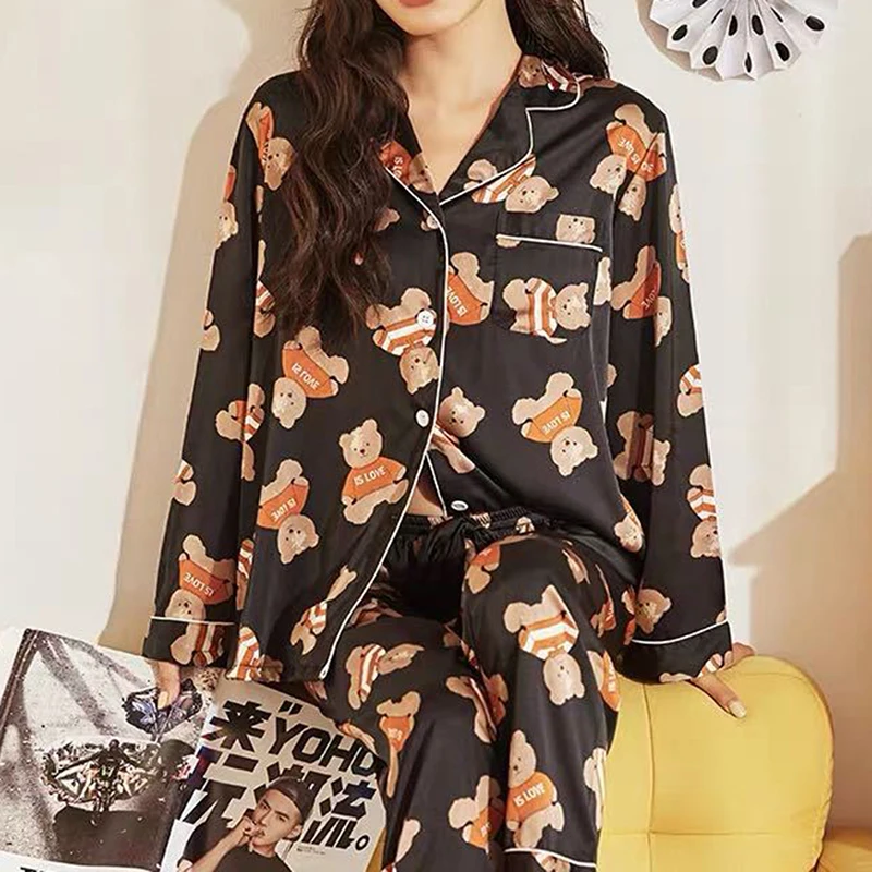 

2020 Pyjamas Women New Spring Fall Stitch Cute Pijamas Set Silk Feeling Sleepwear Pajamas Cartoon Print Feminino Pyjama