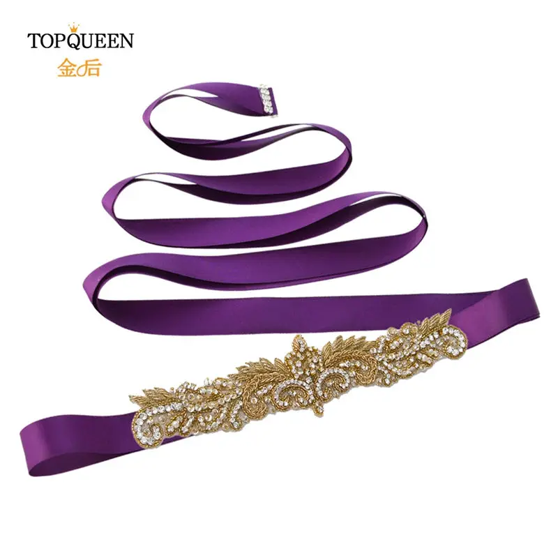 purple TOPQUEEN S375-G горный хрусталь Женский поясной ремень из бисера Индийские ремни индийские кружевные свадебные ленты Золотой свадебный пояс-лента модный пояс - Цвет: purple