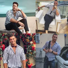 Пестрая полосатая Мужская рубашка с лацканами и пуговицами для отдыха