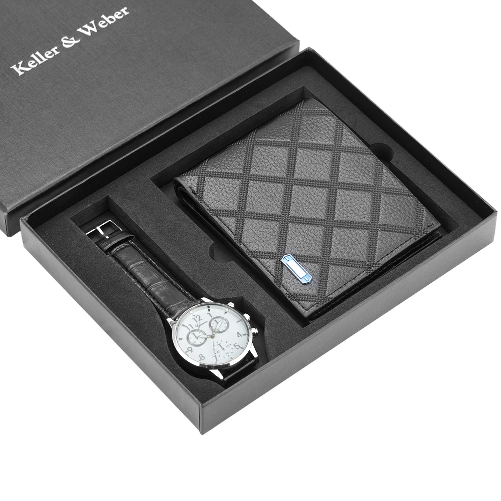 Мужские часы из нержавеющей стали/кожаный ремешок кварцевые наручные часы кожаный бумажник на подарок набор для бойфренда для папы - Цвет: Gift set 4