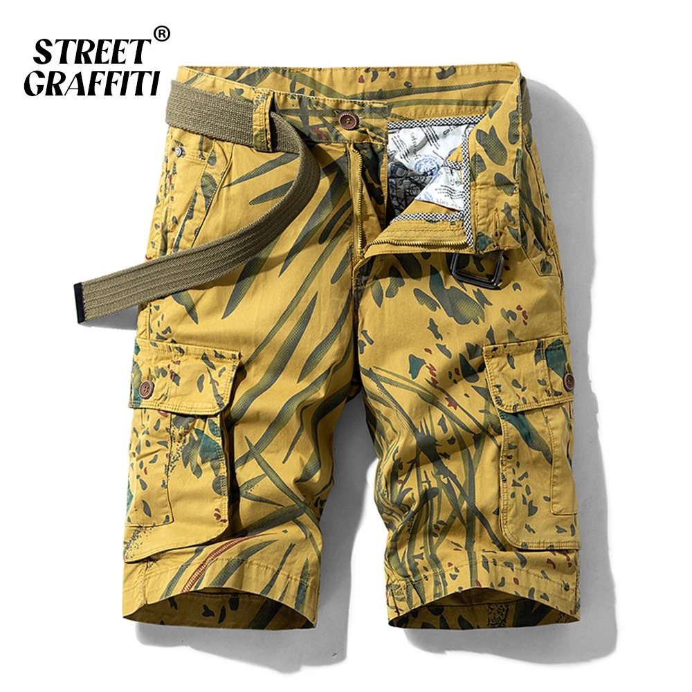 

Cargo Shorts Men Spring Summer Breeches Cotton Bermuda Striped Print Denim Casual Multi-Pocket Pants Clothing Men’s Cargo Short