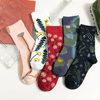 

Cookie Donuts Food Happy Women Fashion Floral Plants Print Warm Personality Cotton Middle Stockings Sock skarpetki#111935