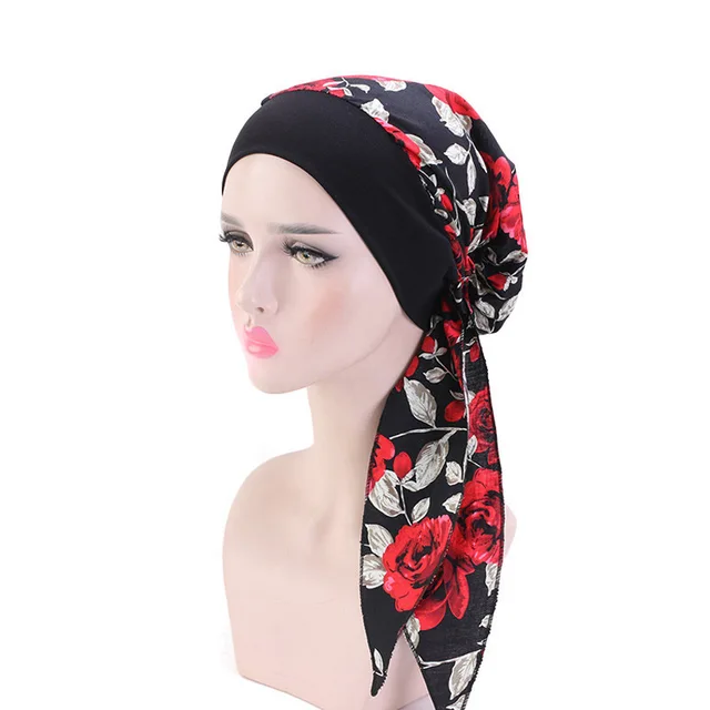 Muslim Women Print Cotton Turban Hat Headscarves Pre-Tied Cancer Chemo Headwear Bandanas Headwrap Caps Red Rose
