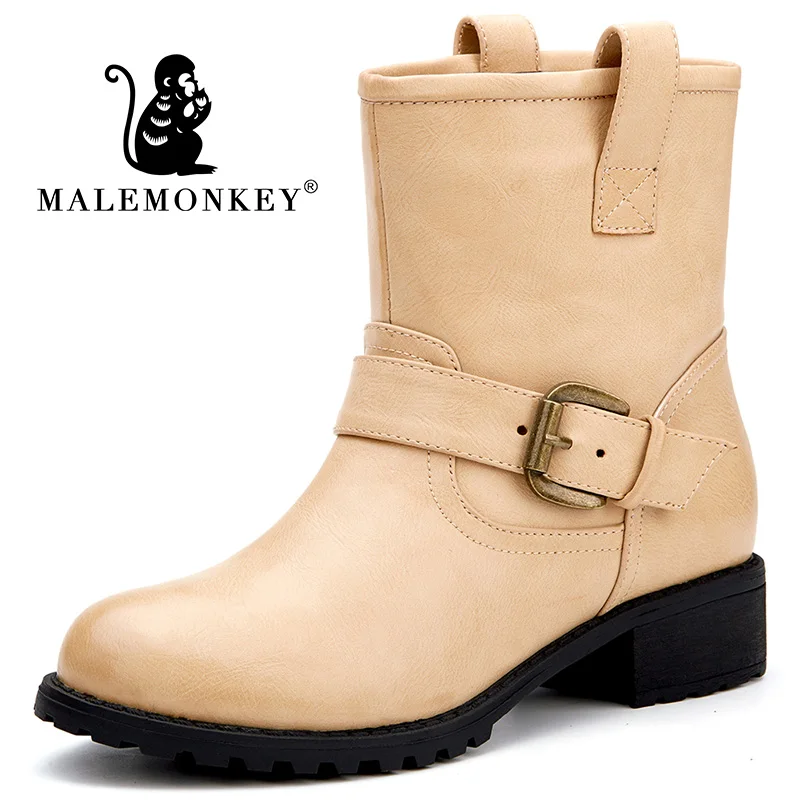 

Malemonkey Size 35-40 Flat Platform Boots Women Shoes Autumn Winter Fashion Round Toe Slip on Leather Boots Ladies Shoes